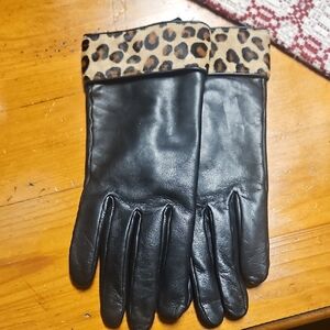 Danier Black Leather Gloves with Leopard Trim